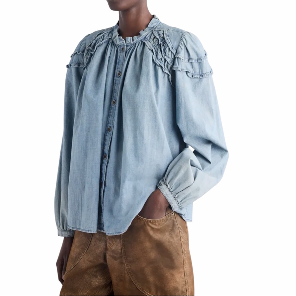 NWT Isabel Marant Étoile Milya Ruffle Denim Button-Up Shirt in Blue Size 44/ 12